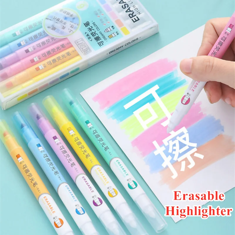 Pastel Highlighter Set Double Ended - 6 Colors Erasable Highlighters Set Double-Ended