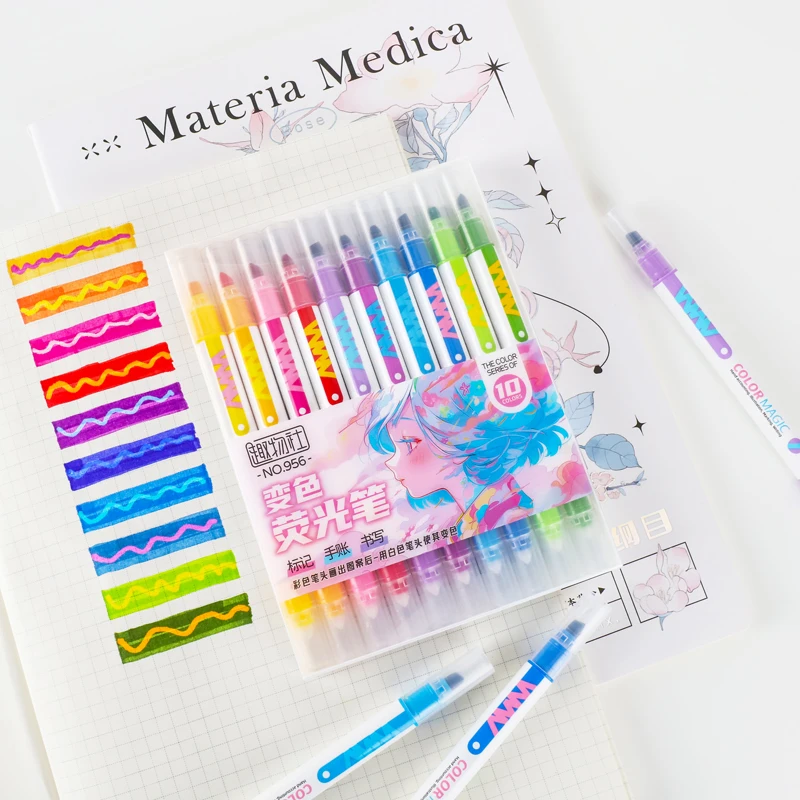 Pastel Highlighter Set Double Ended - 10pcs Double-ended Magic Color Changing Highlighter