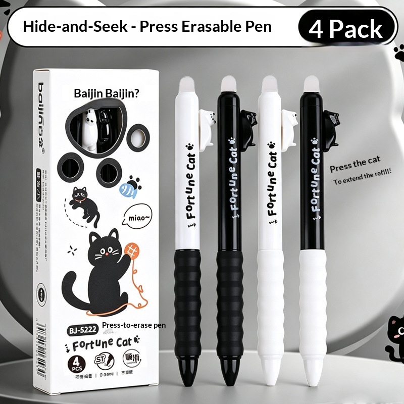 Retractable Eraser Pen Click - 4pcs Cute Cat Erasable Gel Pen