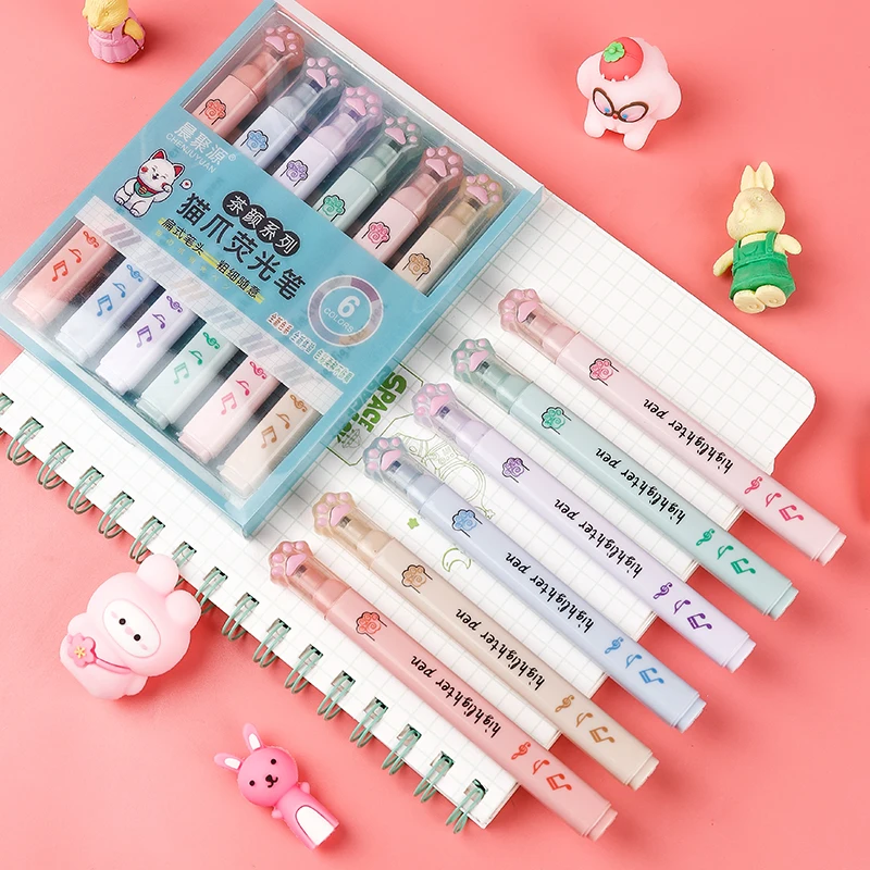 Pastel Highlighter Set Double Ended - 6 pcs/pack Kawaii Cat Claw Pastel