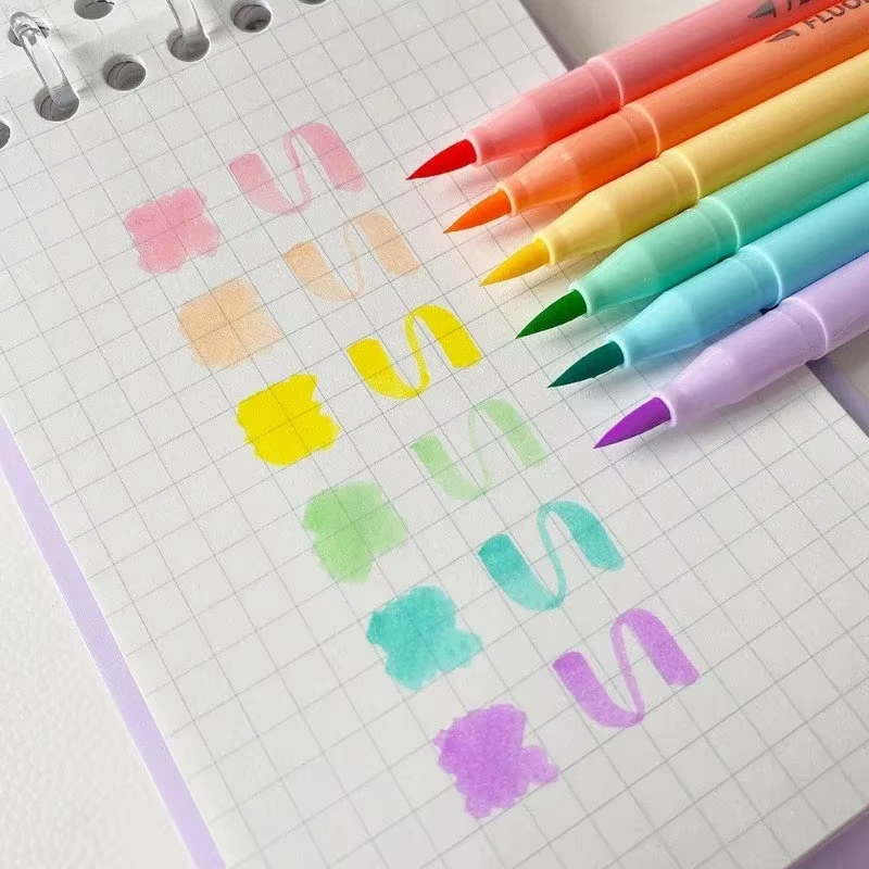 Pastel Highlighter Set Double Ended - 6 colors Soft Brush Fluorescence Pen