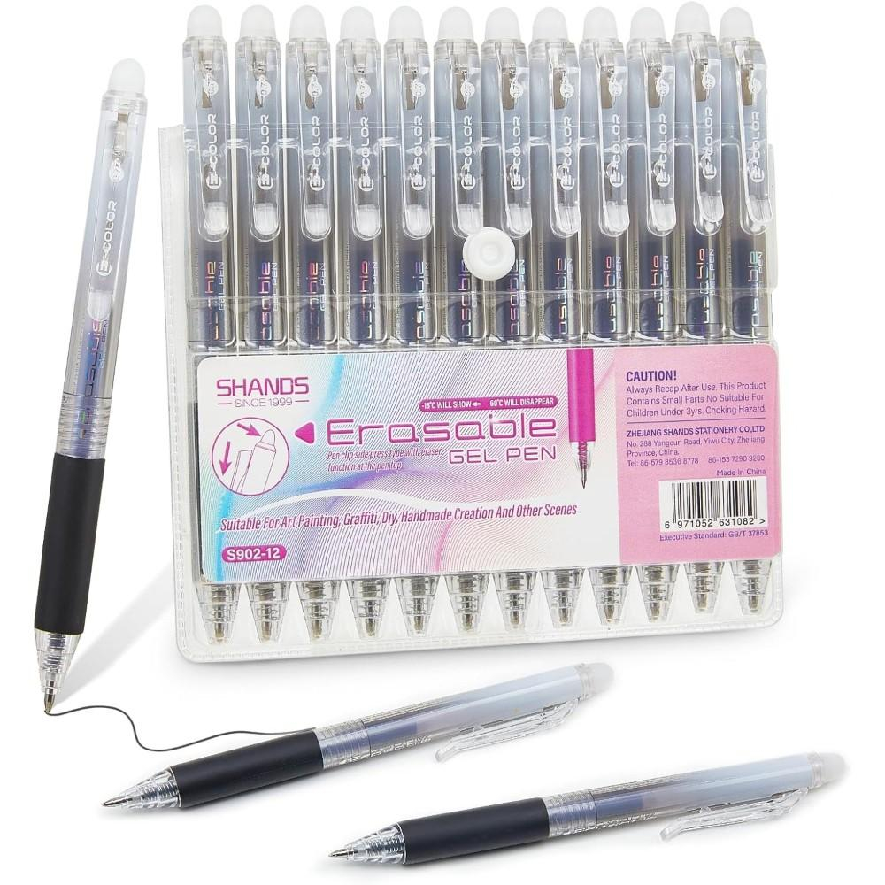 Retractable Eraser Pen Click - 12-Pack 0.7mm Erasable Gel Pens, Smooth