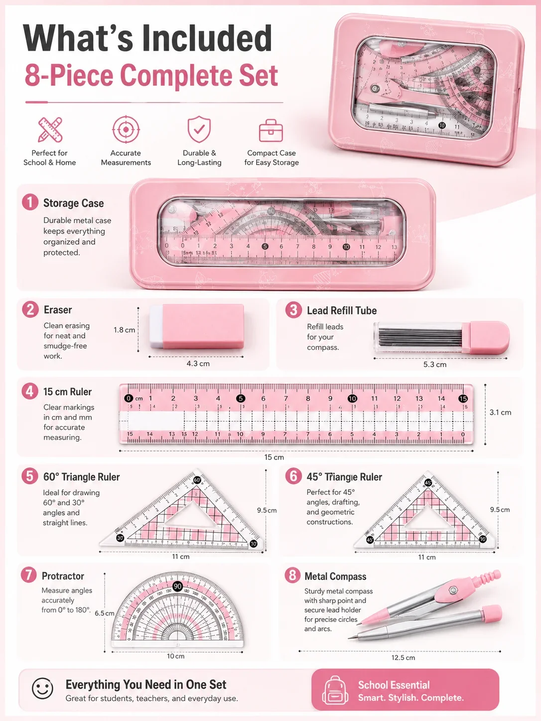 8-Piece Math Geometry Set for  - đánh giá và giá Math Geometry Set With Compass